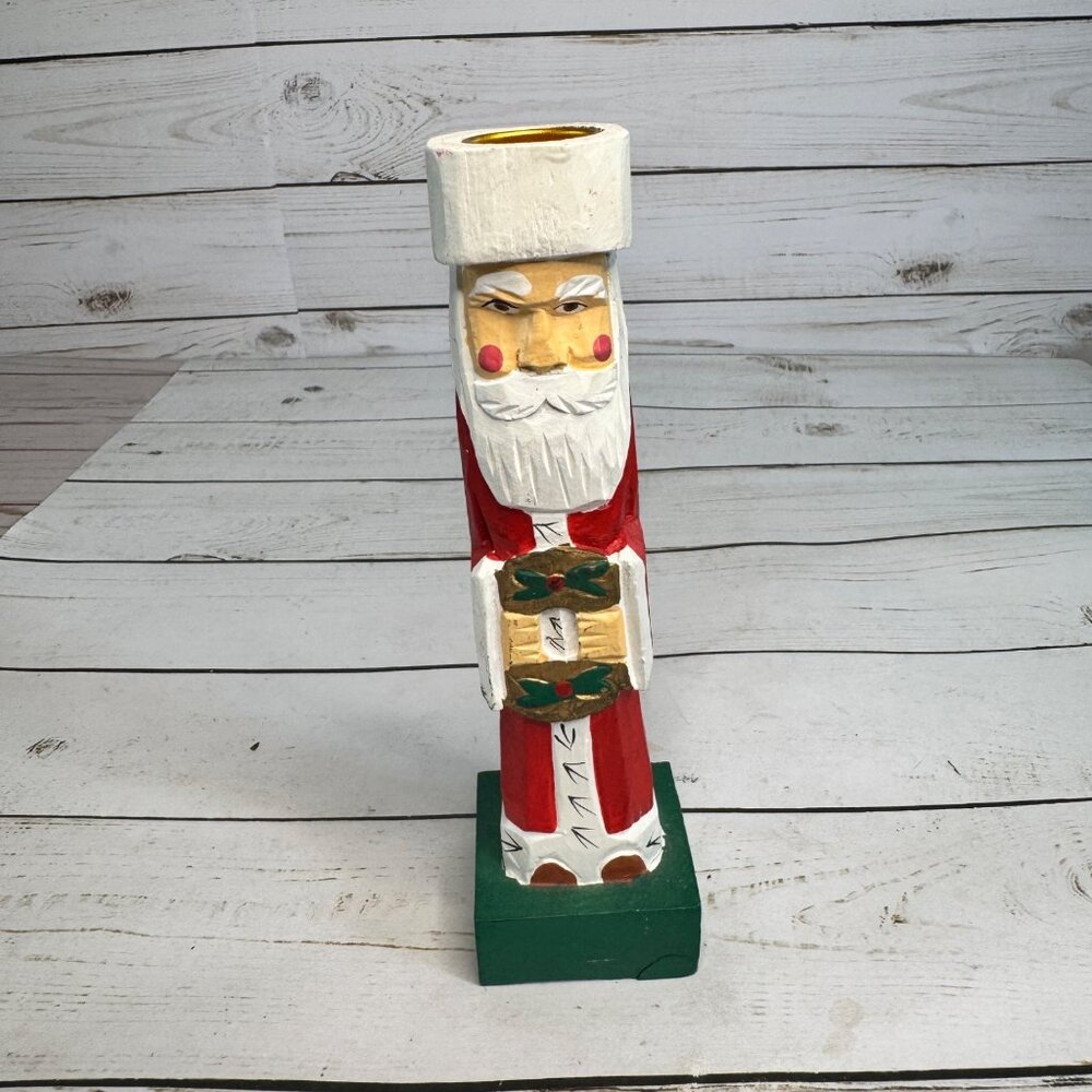 Primitive Wooden Santa Candle Holder Rustic Folk Art Christmas Decor 7"